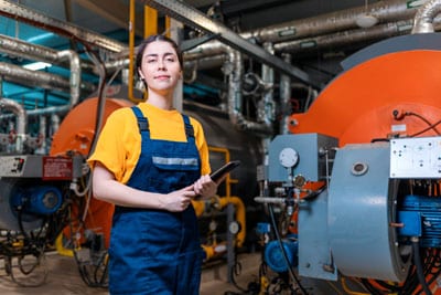 Young Female HVAC Technician in a Boiler Room